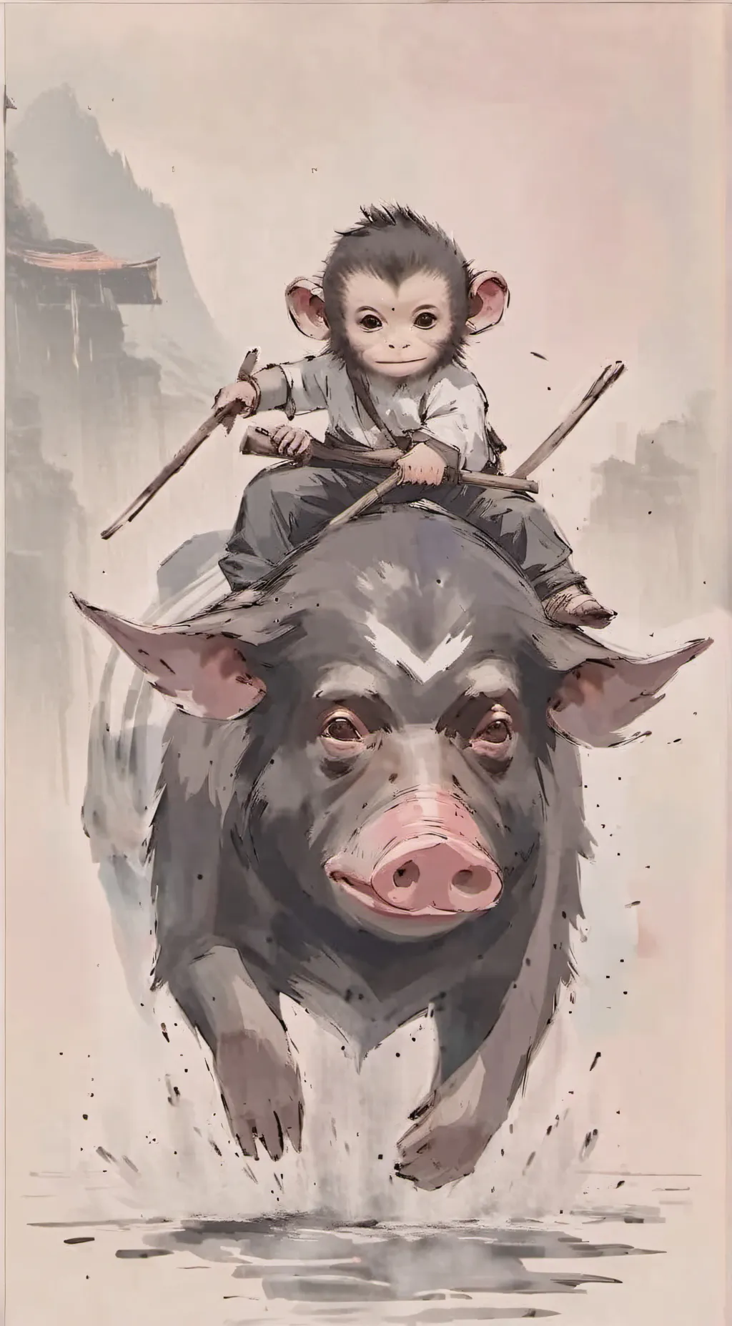 ai character: baby monkey on pig background