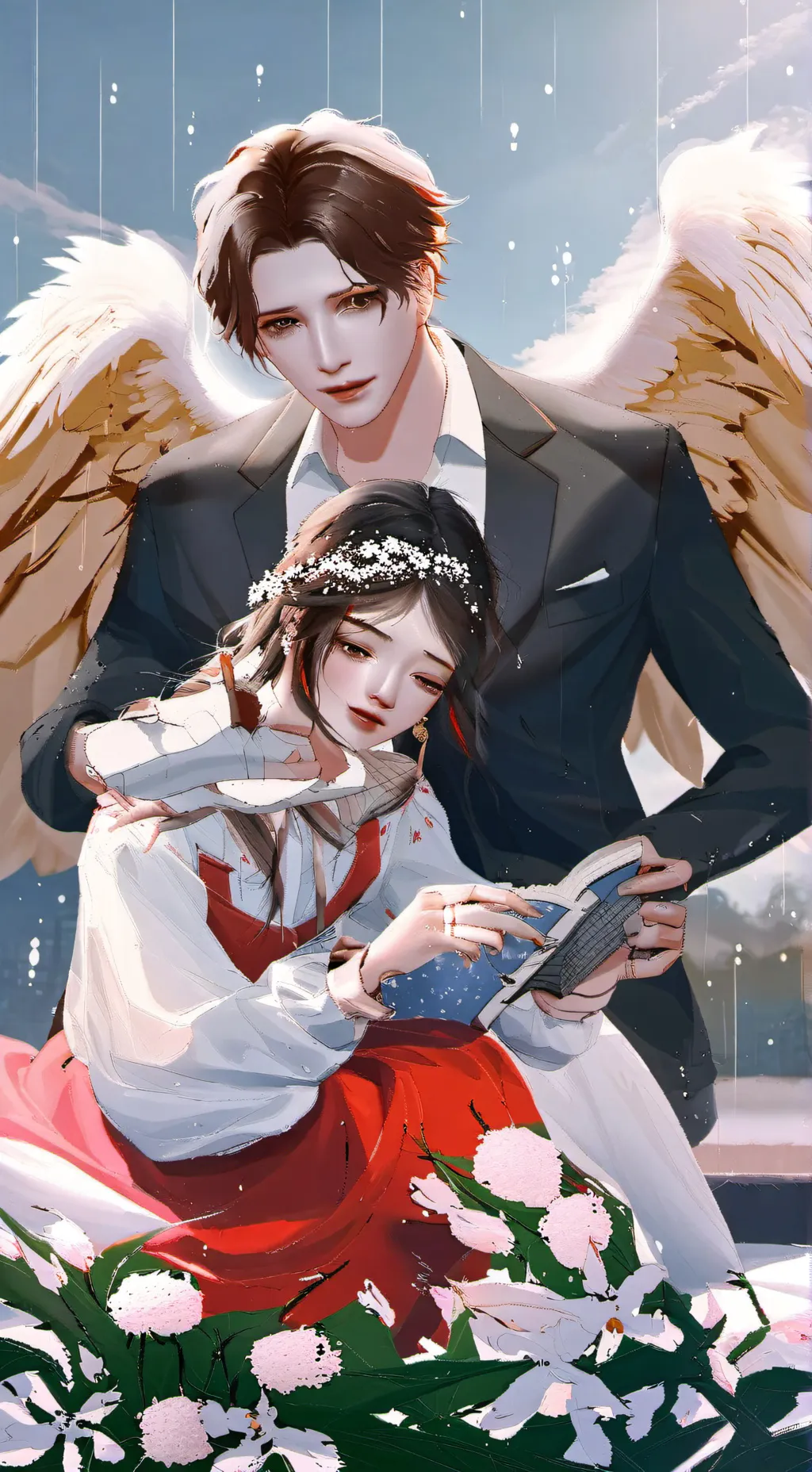 ai character: broken angel×rain background