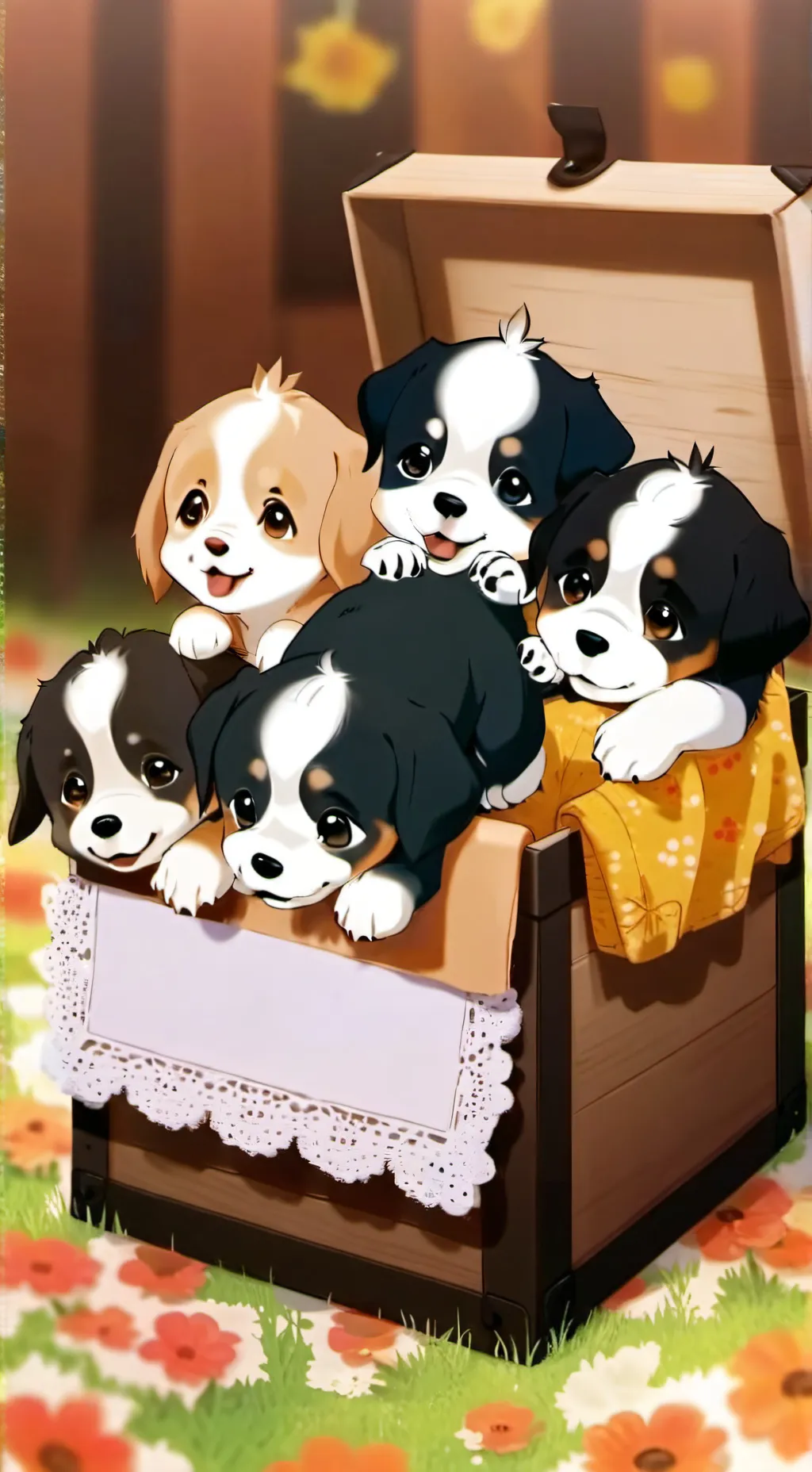 ai character: 4 litte cute puppy background