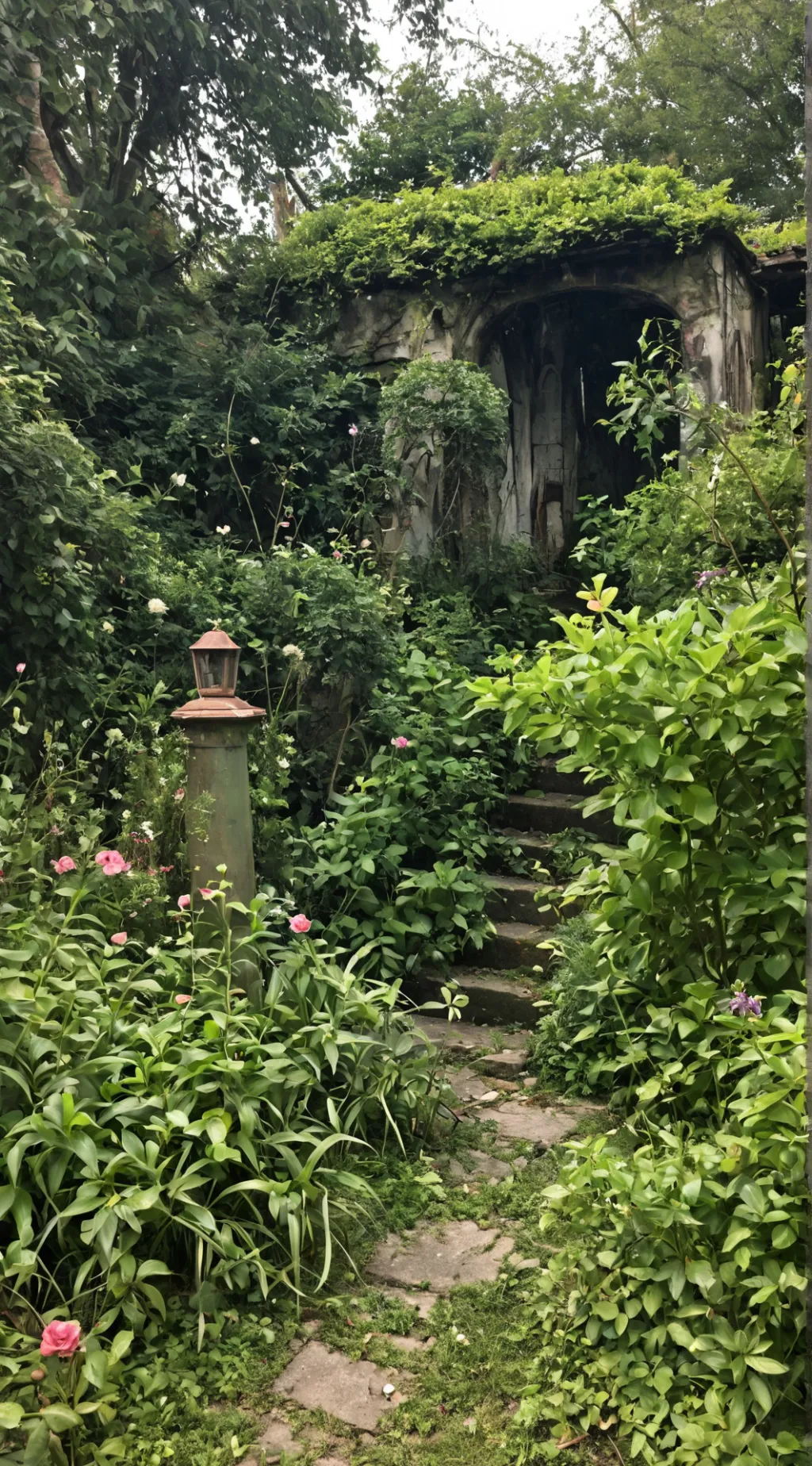 ai character: Abandoned garden  background