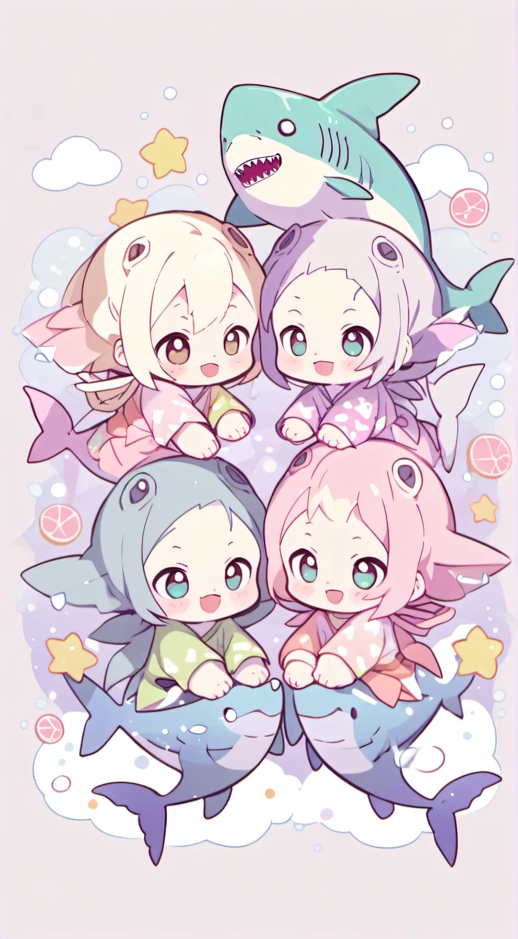 ai character: 4 baby sharks  background