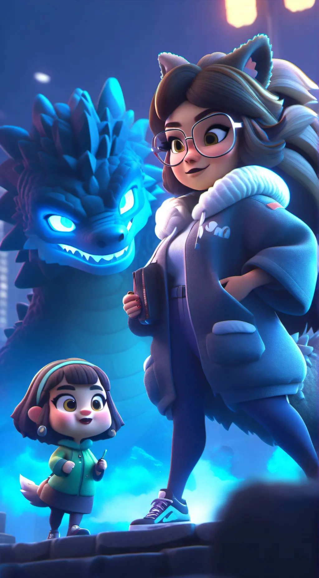 ai character: Bellawolf Godzilla background