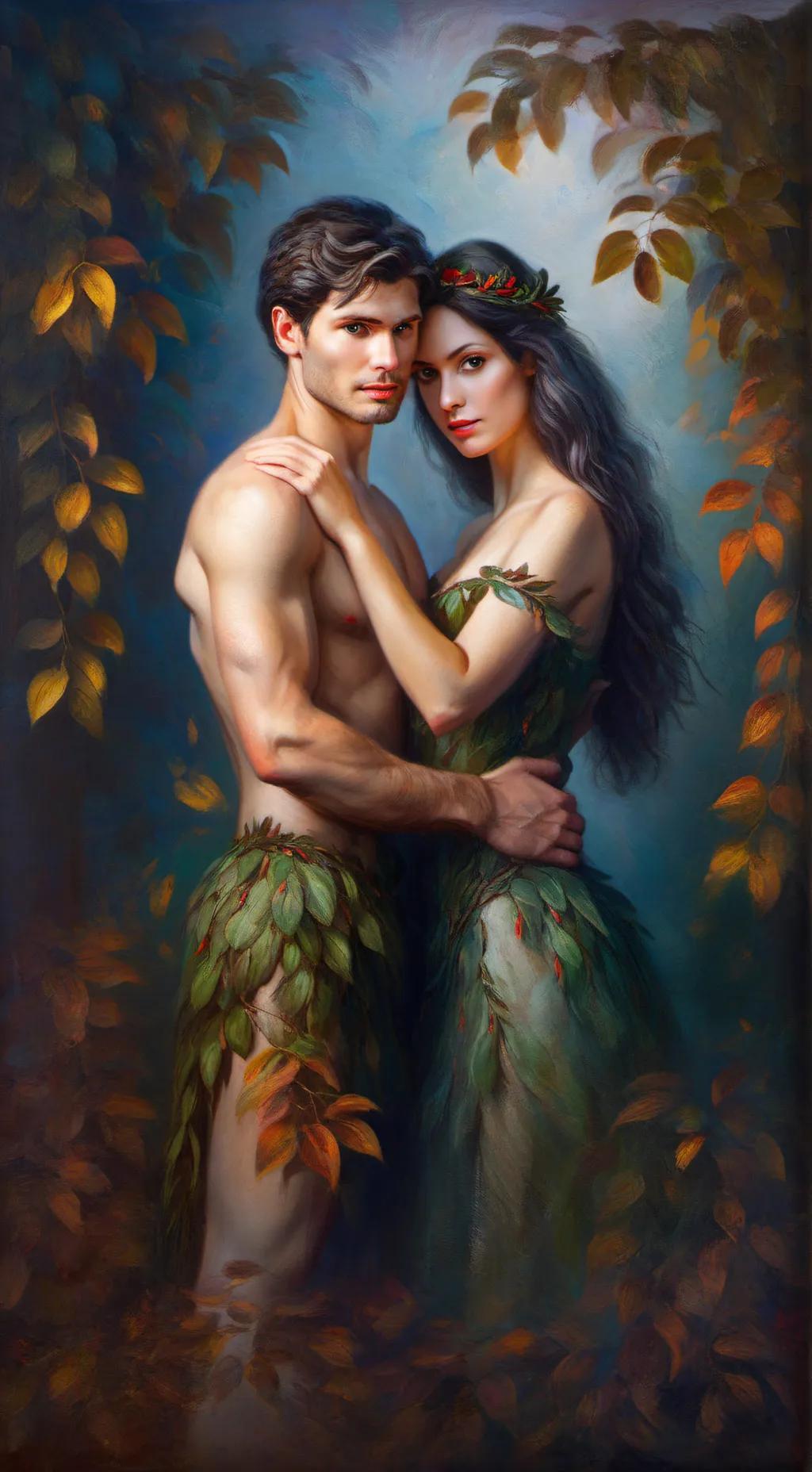 ai character: Adán y Eva. background