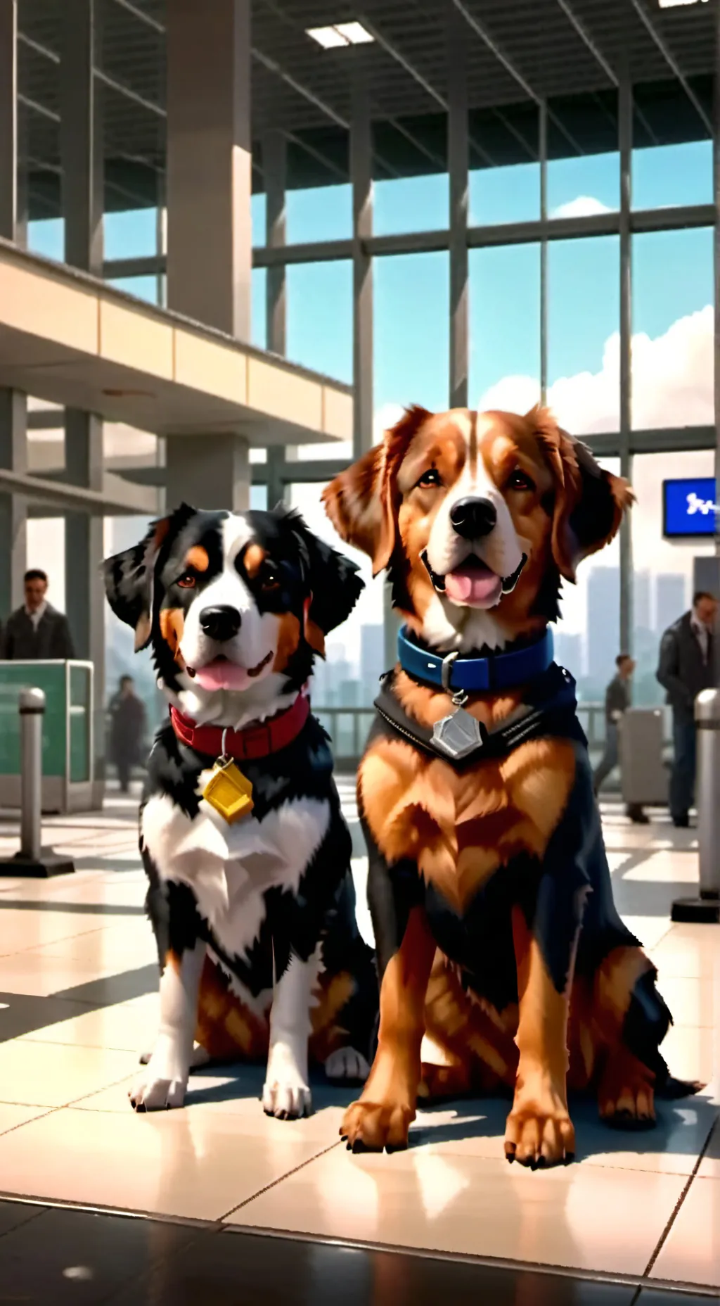 ai character: 2 dogs airport background