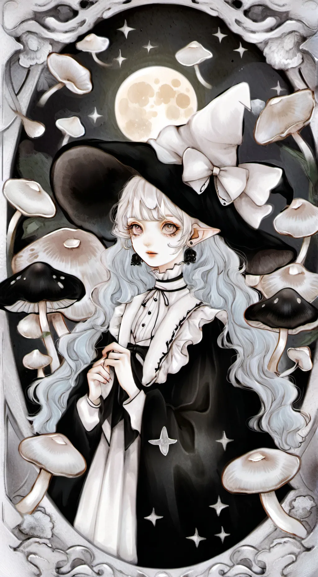 ai character: mushroom girl moon background