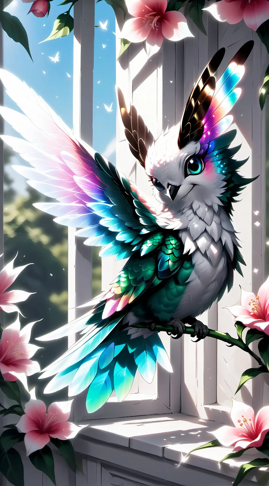 ai character: Honeyglow the Iridescent Hummingbird Furry background