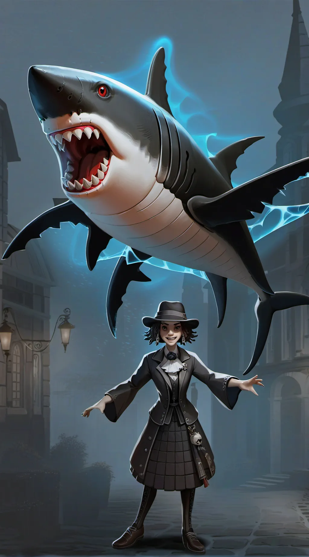 ai character: Scary flying shark background