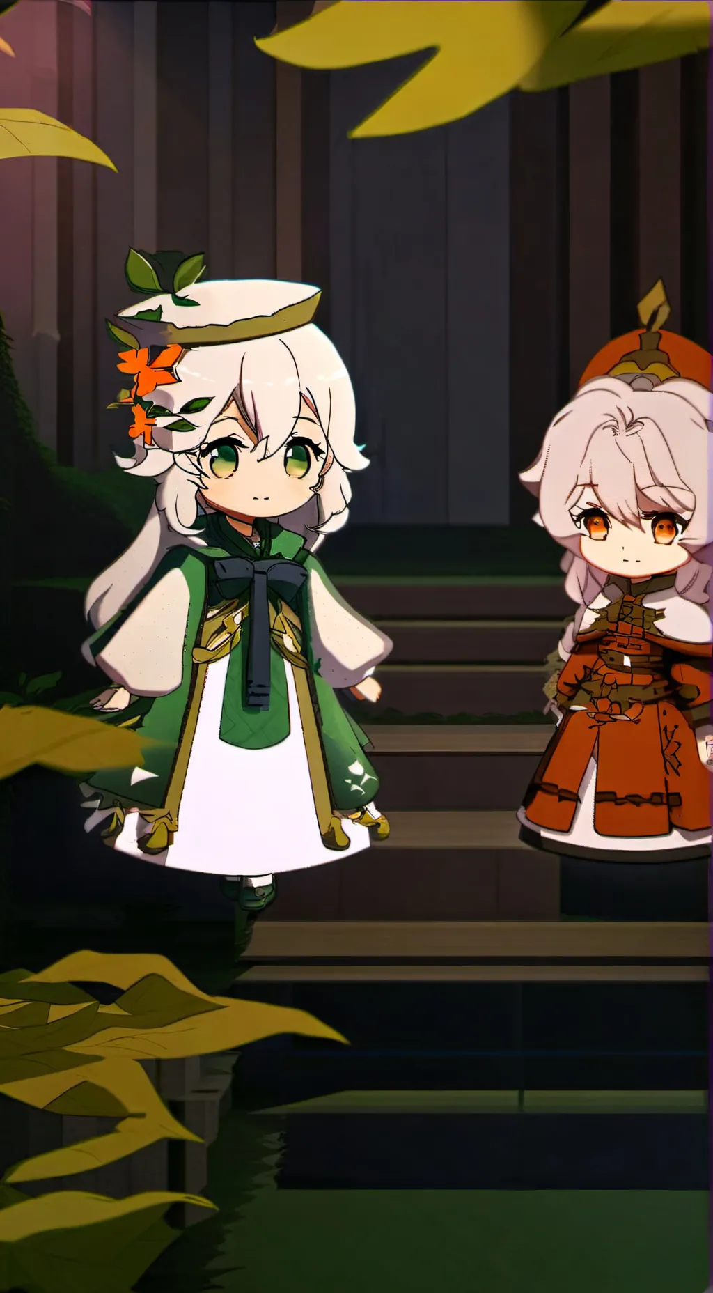 ai character: Leafia and Scarlet background