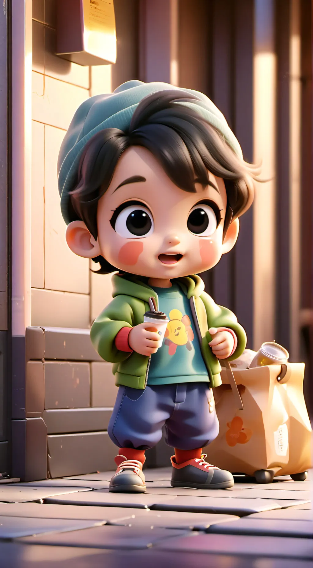 ai character: homeles littel boy background