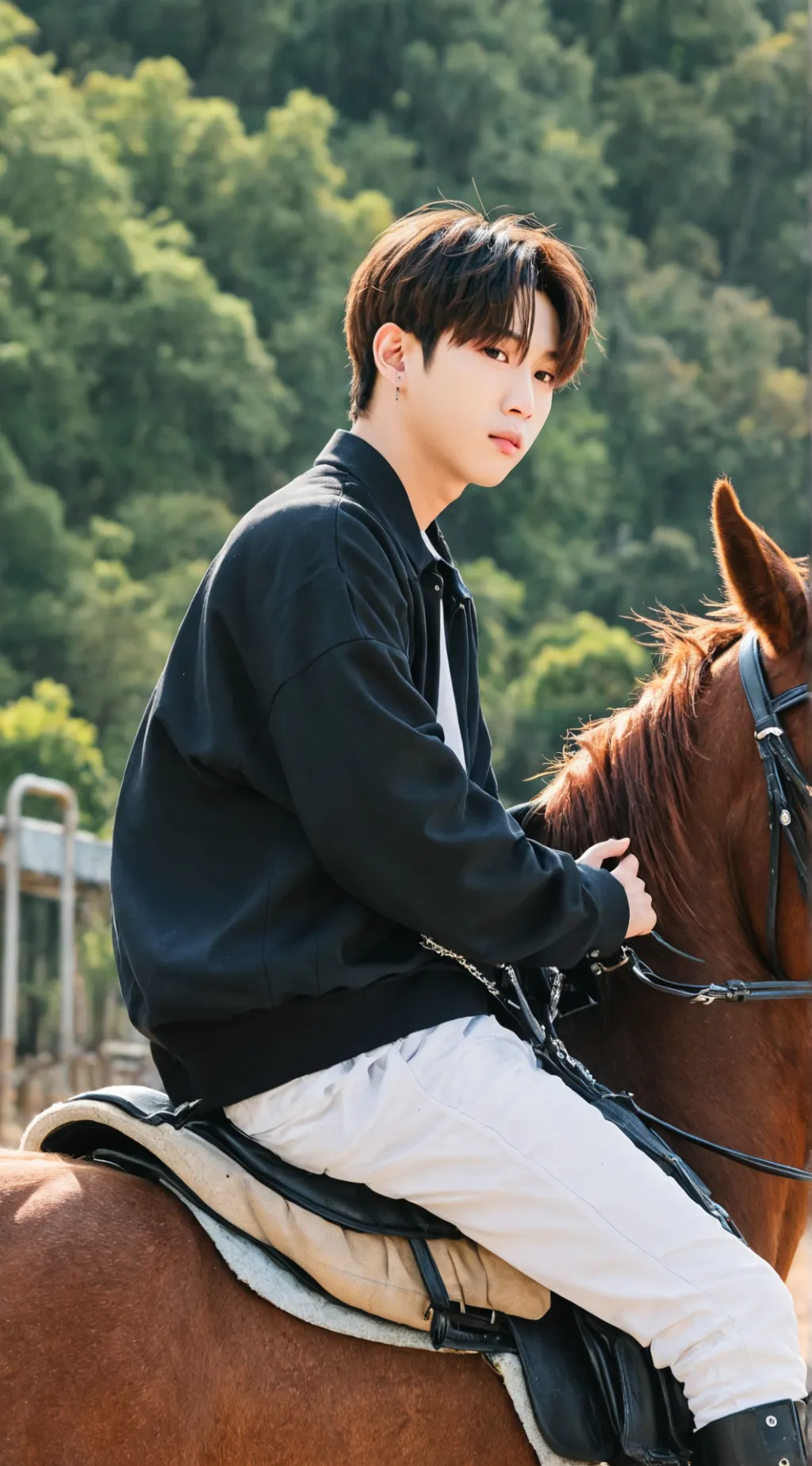 ai character: bangchan on ahorse background