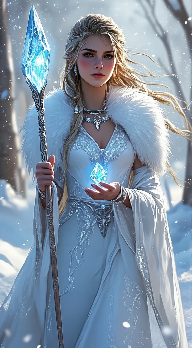 ai character: goddess of snow background