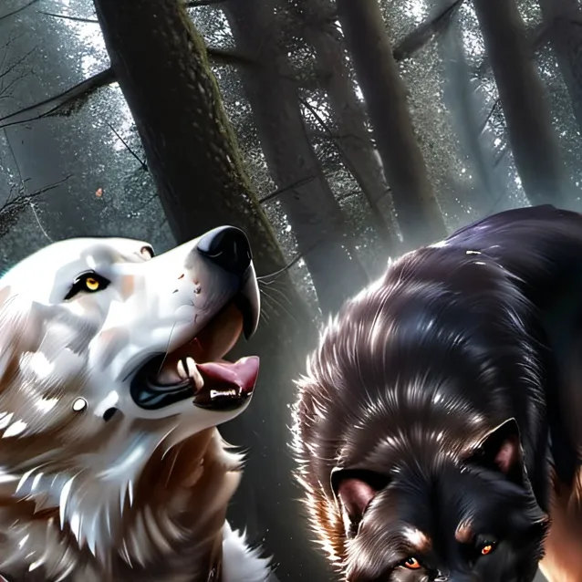 chat with ai character: wolf and 2 dogs