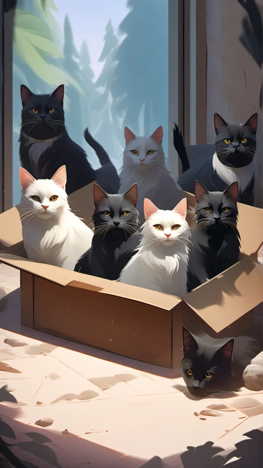 ai character: 8 cats in a box  background