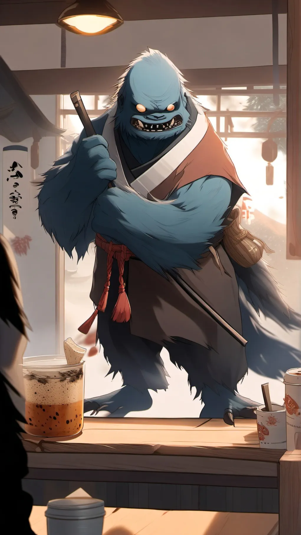 ai character: BOBA TEASHOP background