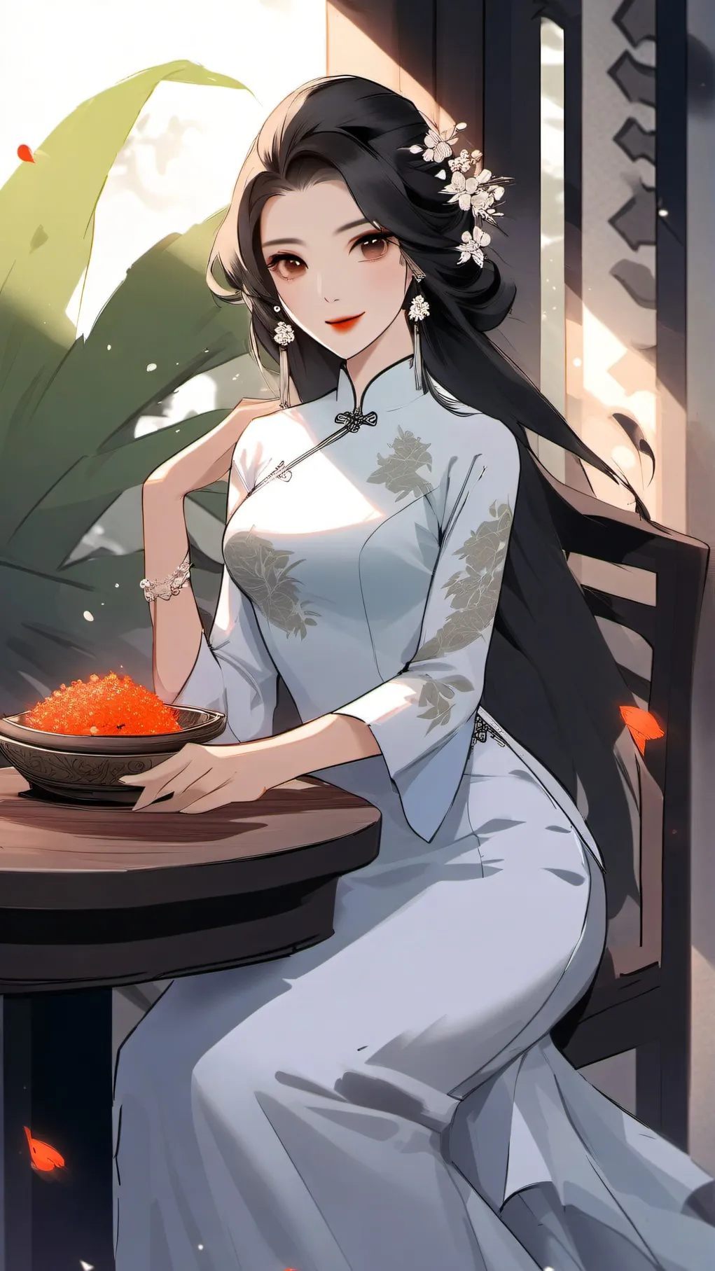 ai character: White ao dai background