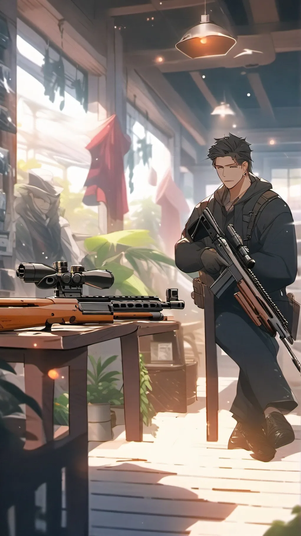 ai character: gun shop background