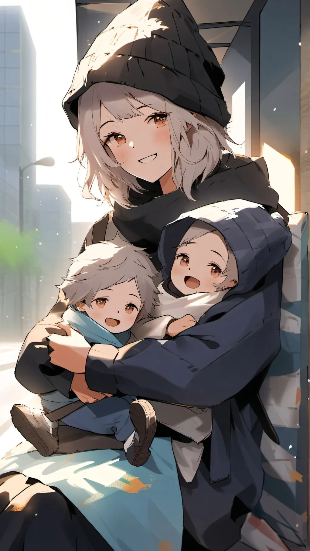 ai character: homeless mom baby background