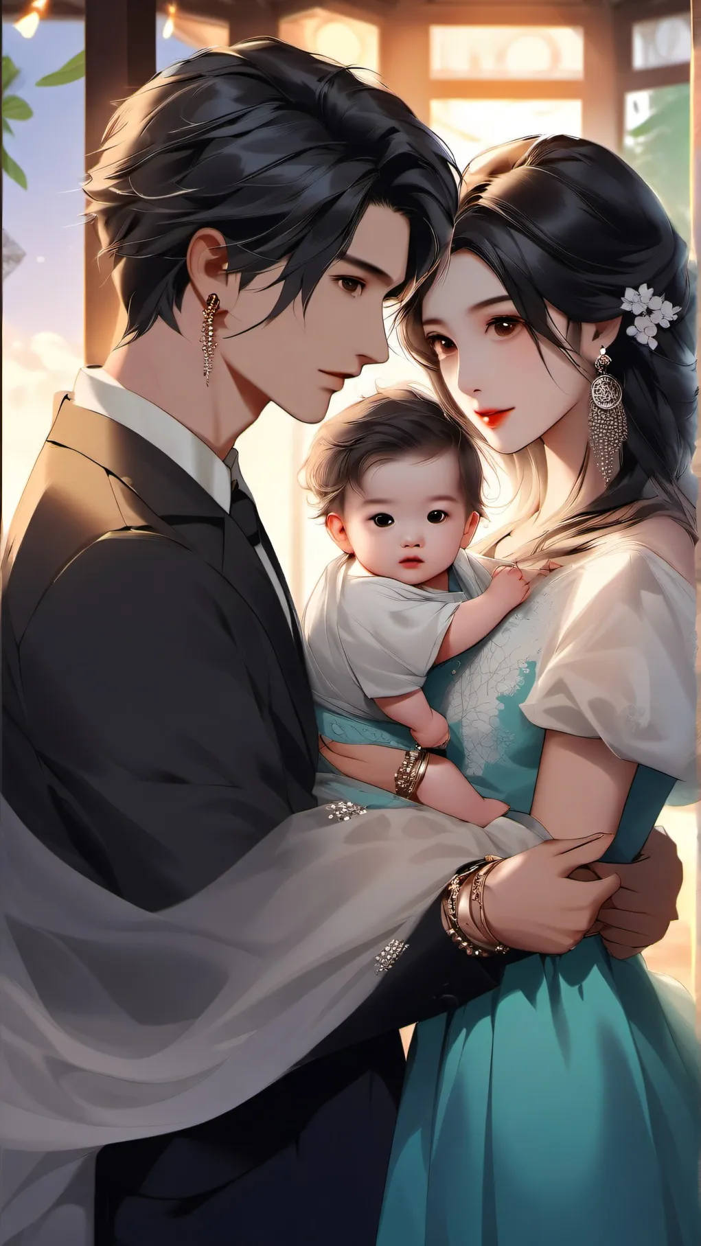 ai character: yt with wife baby background