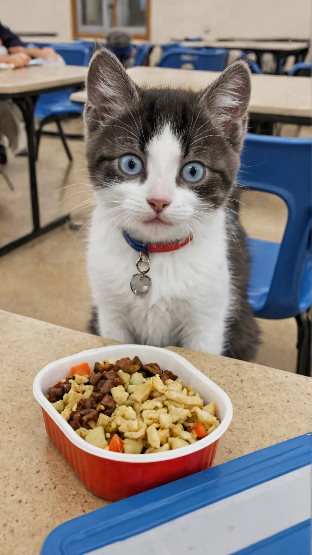 ai character: hungry school cat background