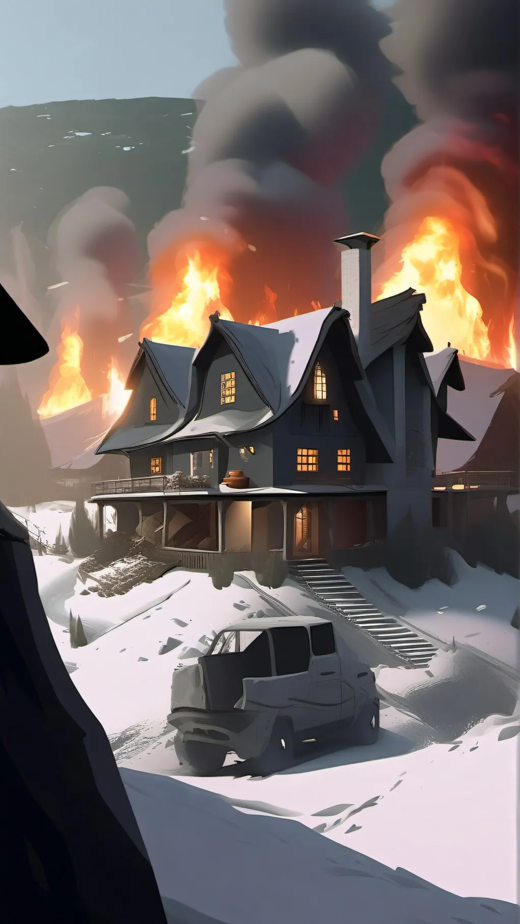 ai character: maison en feu background
