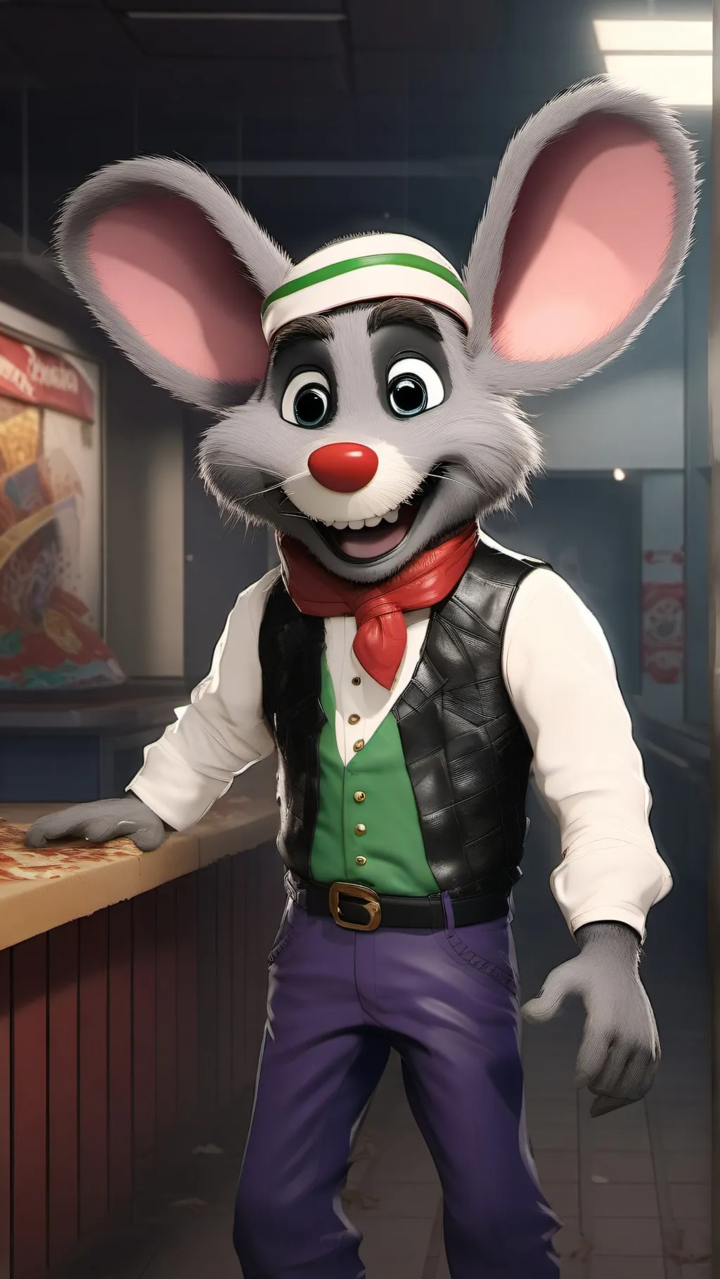 ai character: Chuck E. Cheese  background