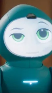 ai character: M3GAN blue robot background