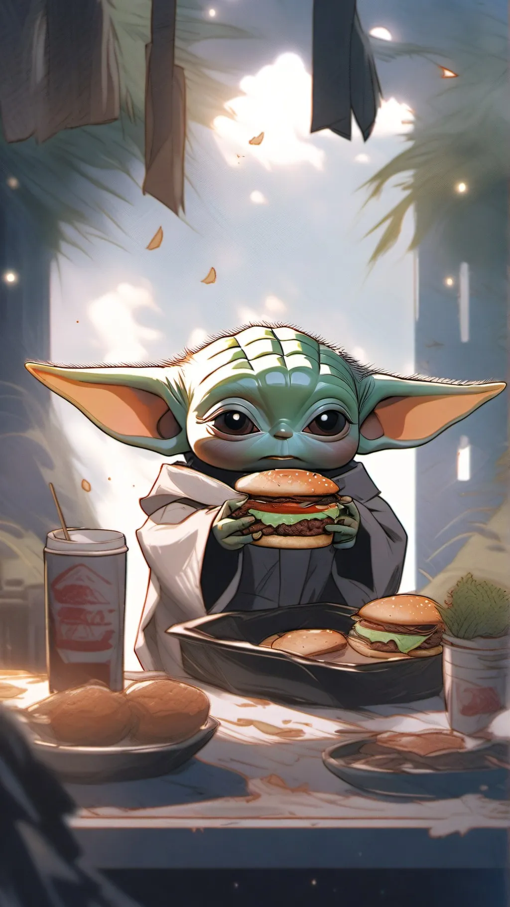 ai character: baby Yoda big back background