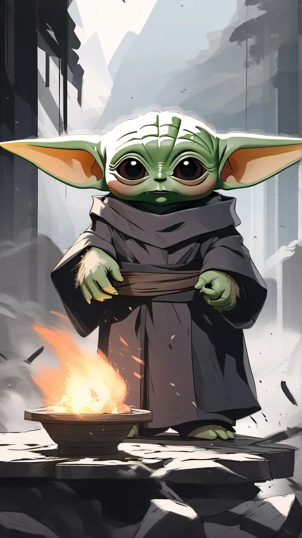 ai character: EVIL BABY YODA background