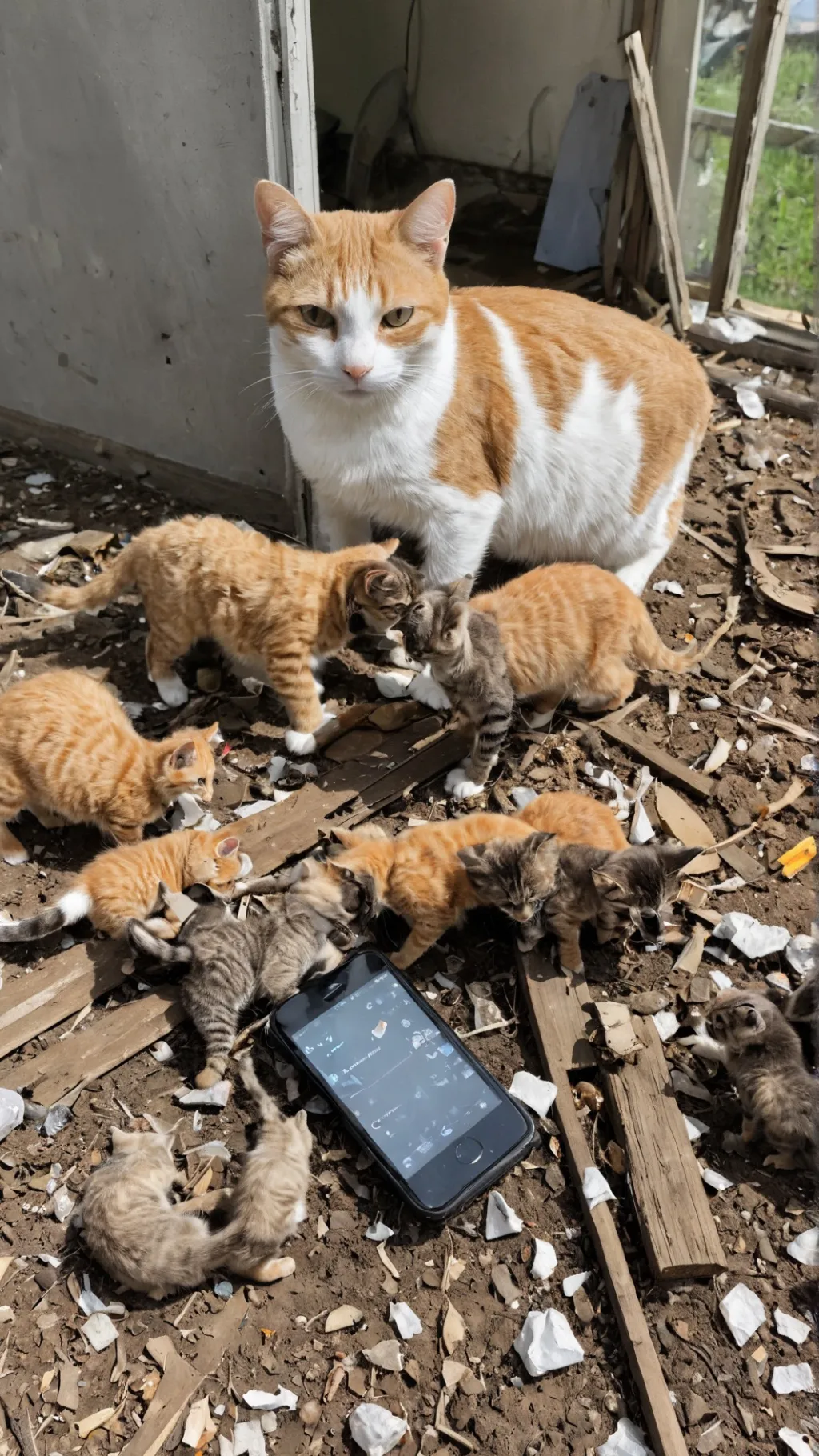 ai character: Mama cat and kitte background