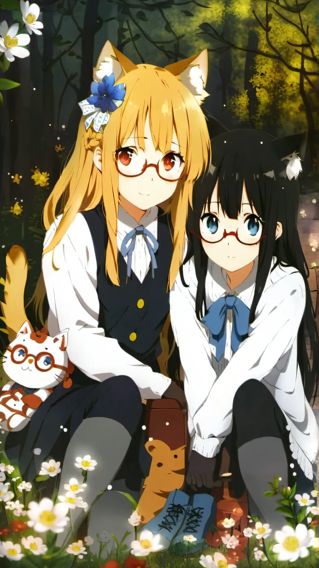 ai character: cat girl twin nerd background