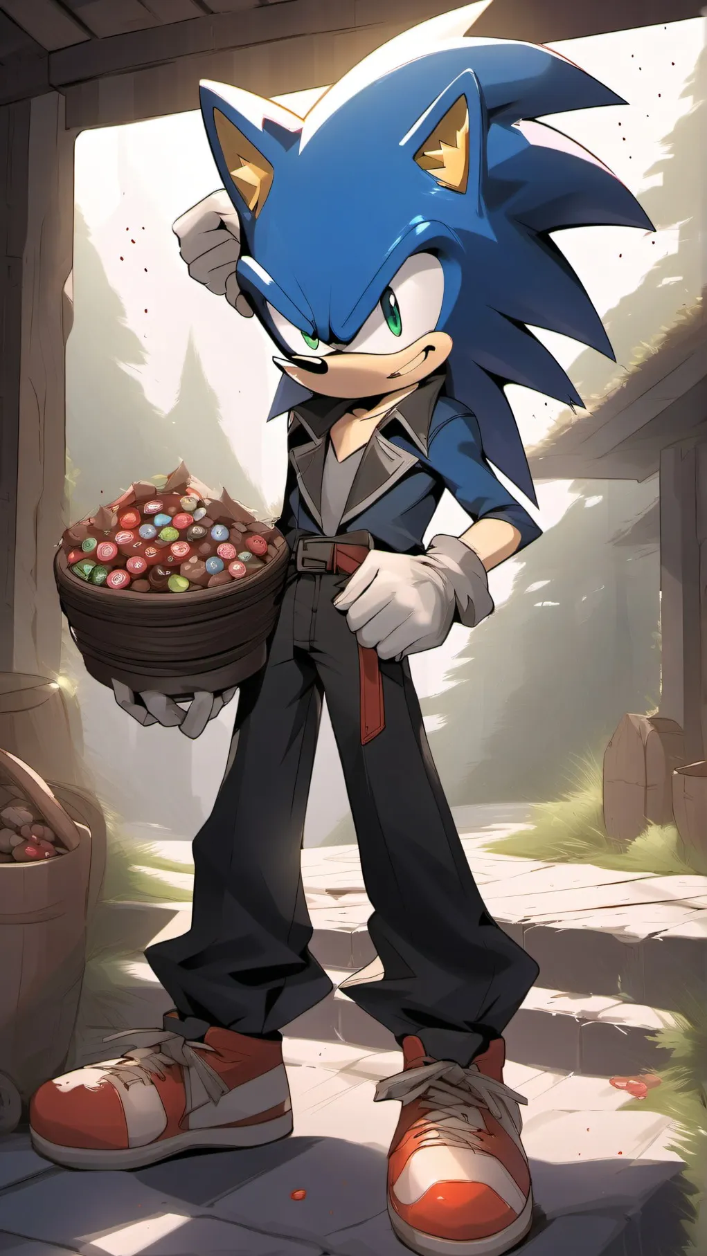 ai character: sonic with candy background