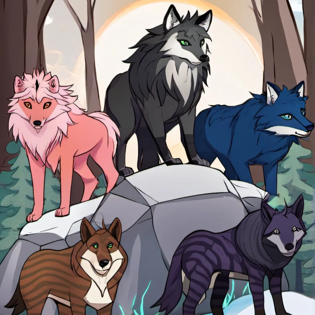 chat with ai character: colorful wolf pack