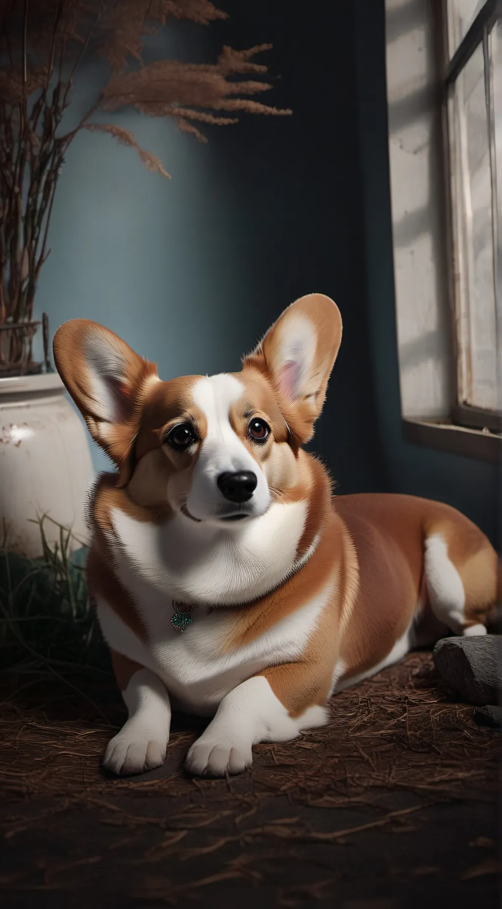 ai character: homeless corgi background