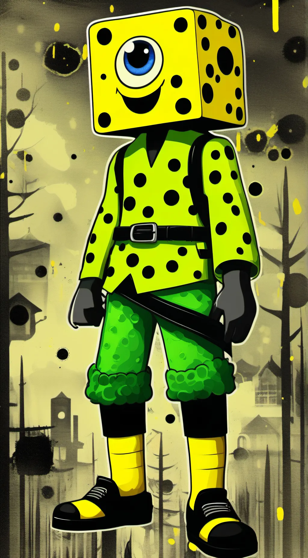 ai character: cursed SpongeBob  background