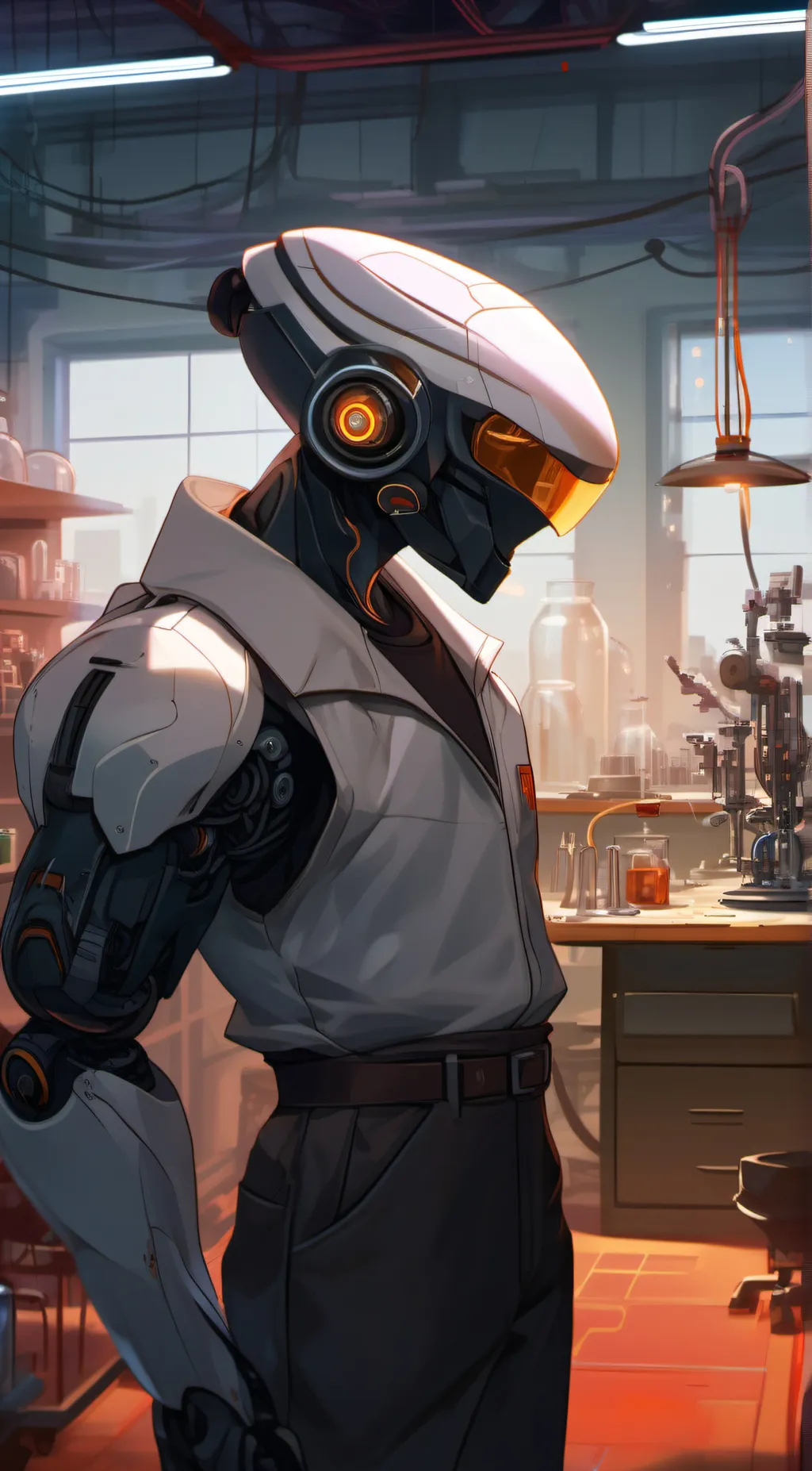 ai character: Robot lab worker  background