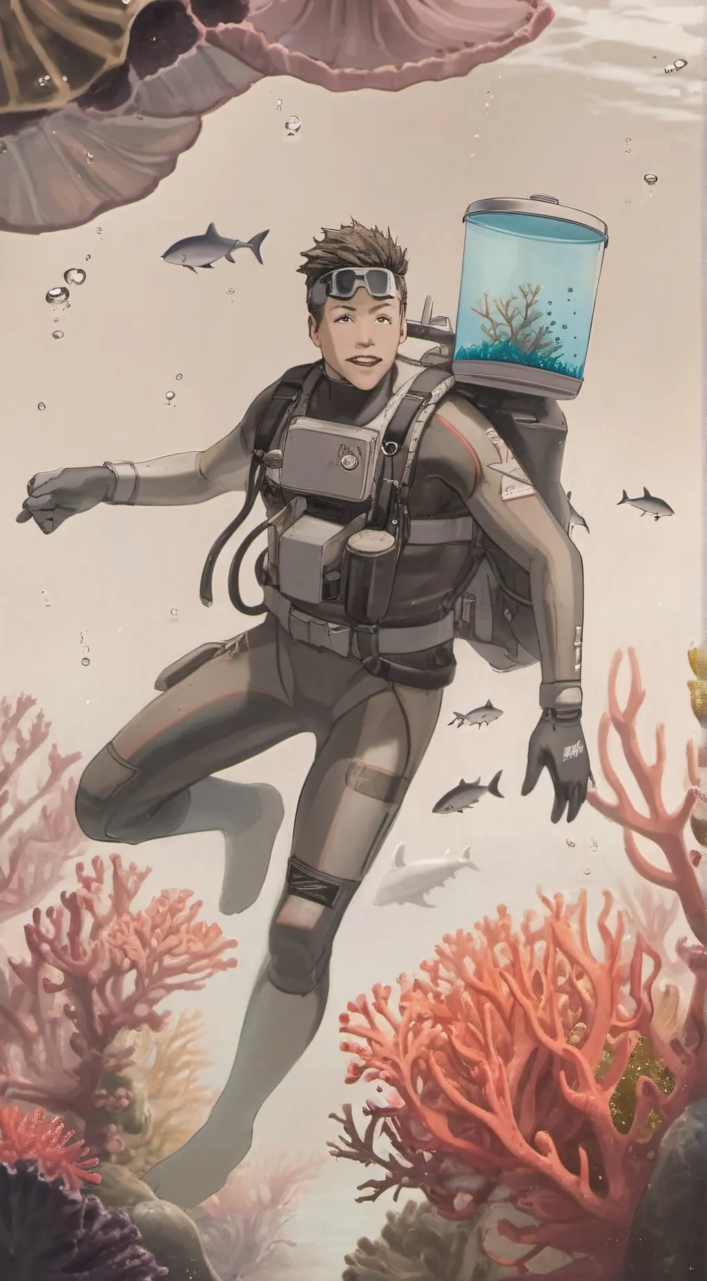 ai character: shark boy as a lab background