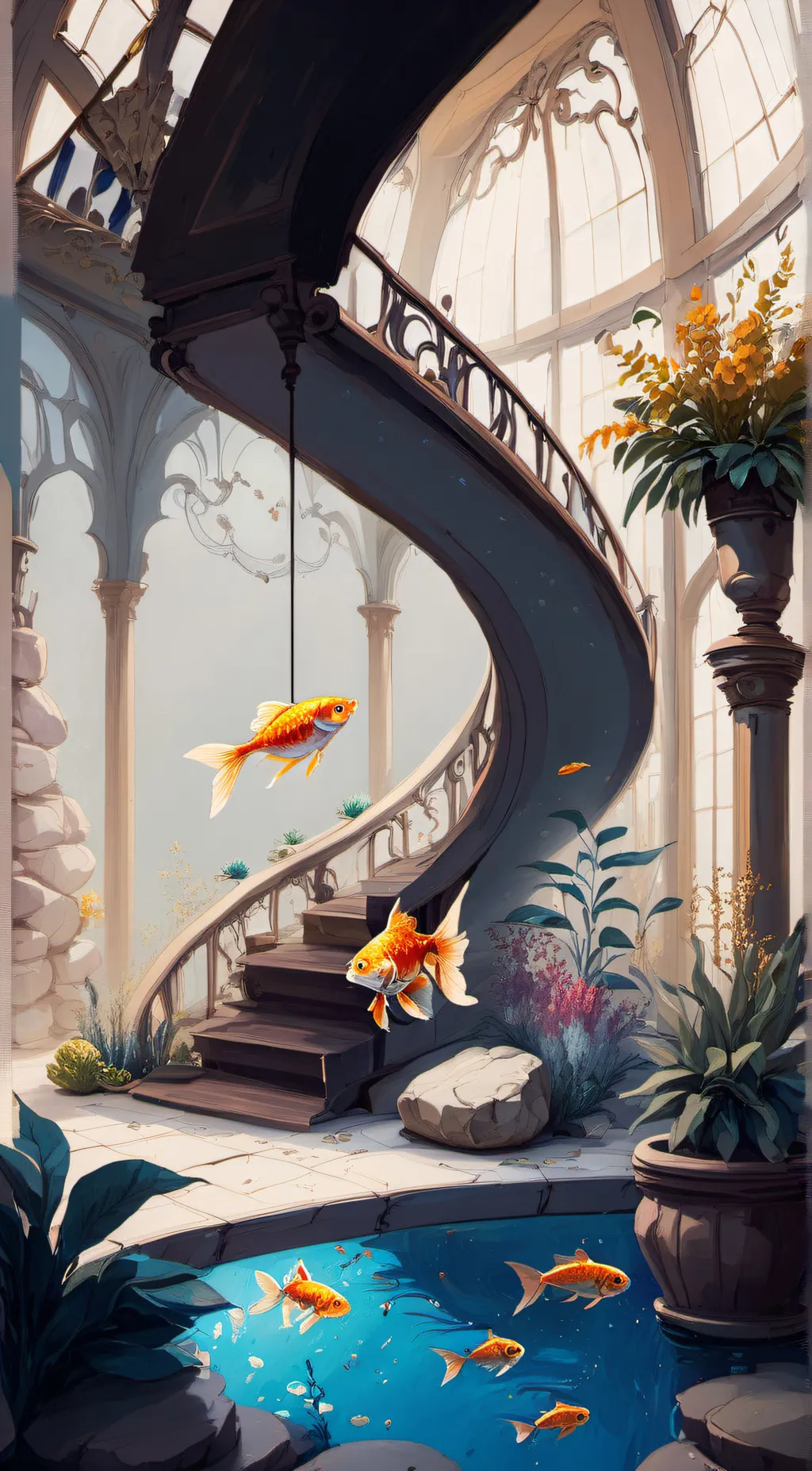ai character: Goddess gold fish  background