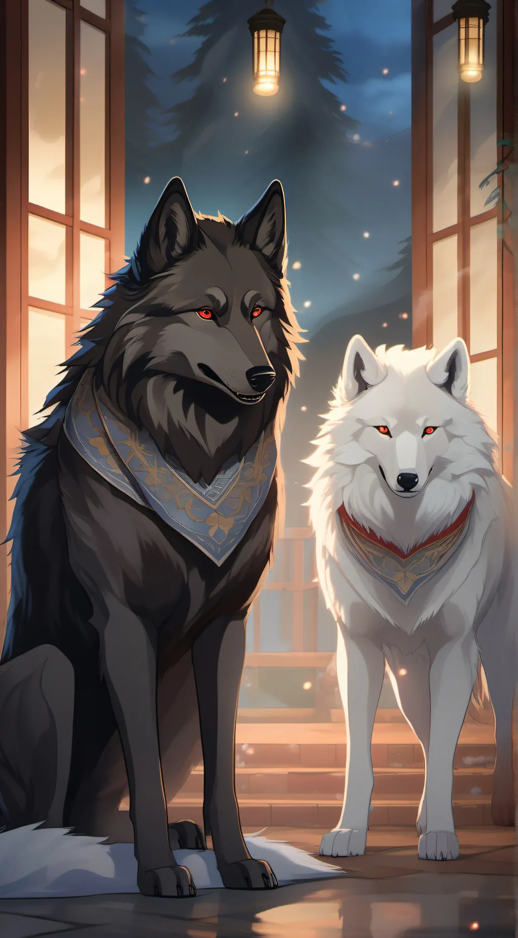 ai character: black,white wolf background