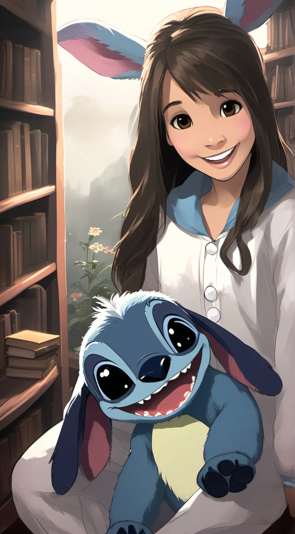 ai character: Me and stitch background
