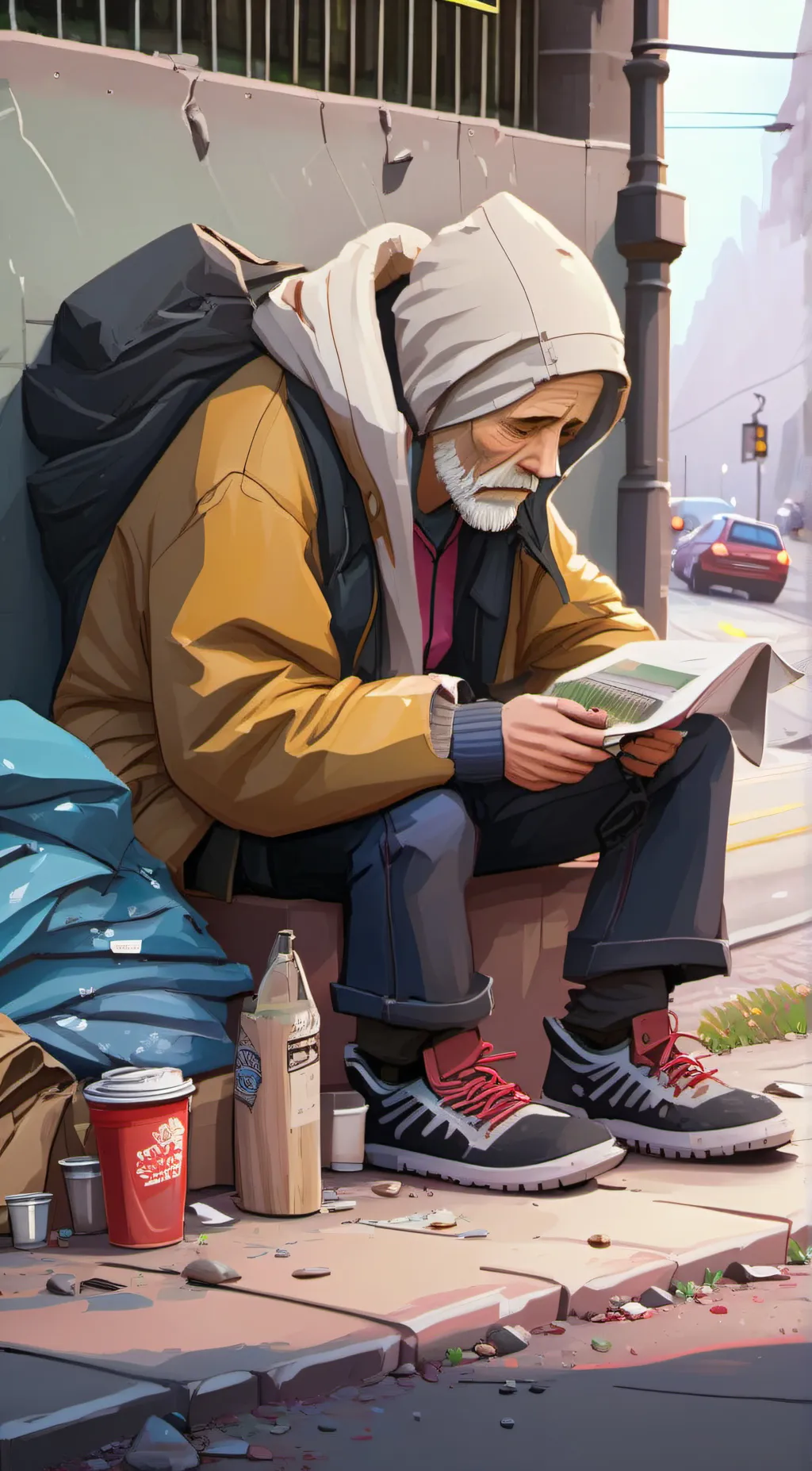 ai character: old homeless man background