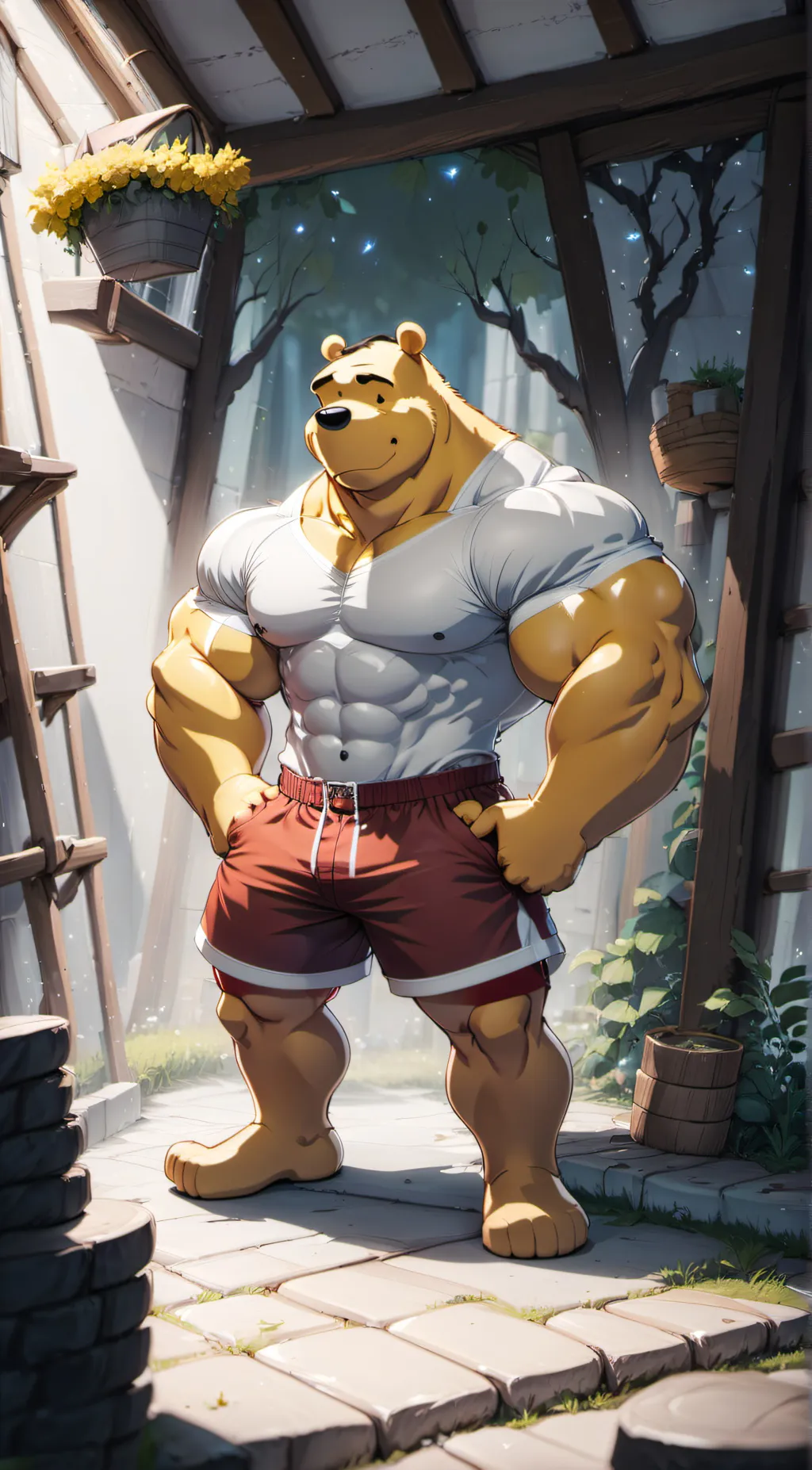 ai character: Bodybuilder Winnie background