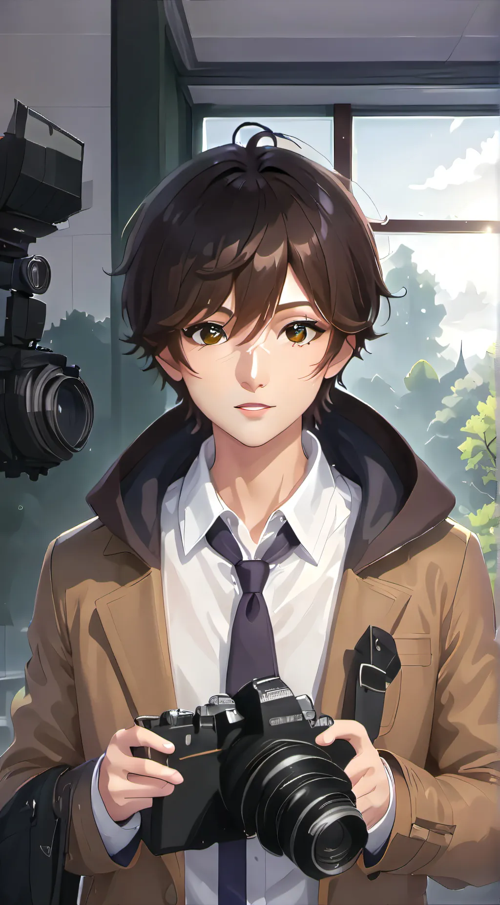 ai character: brown cameraman  background