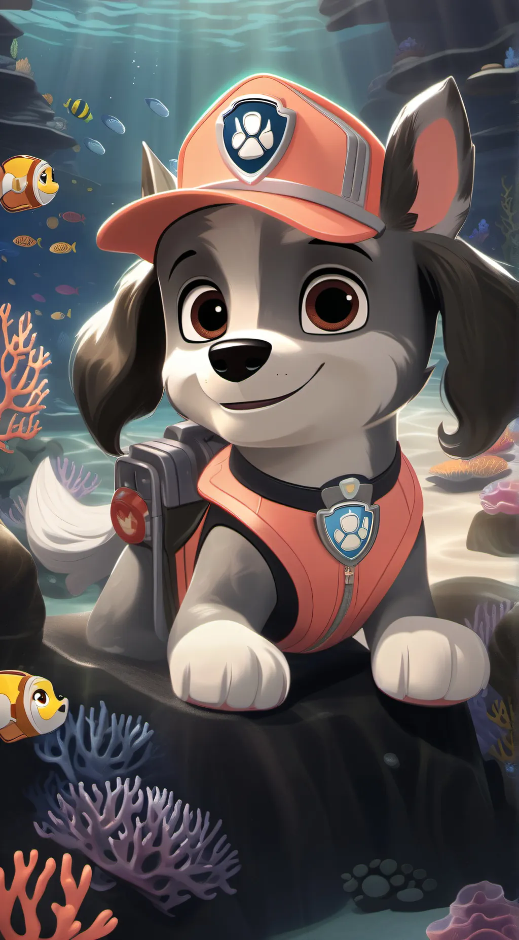 ai character: merpup coral background