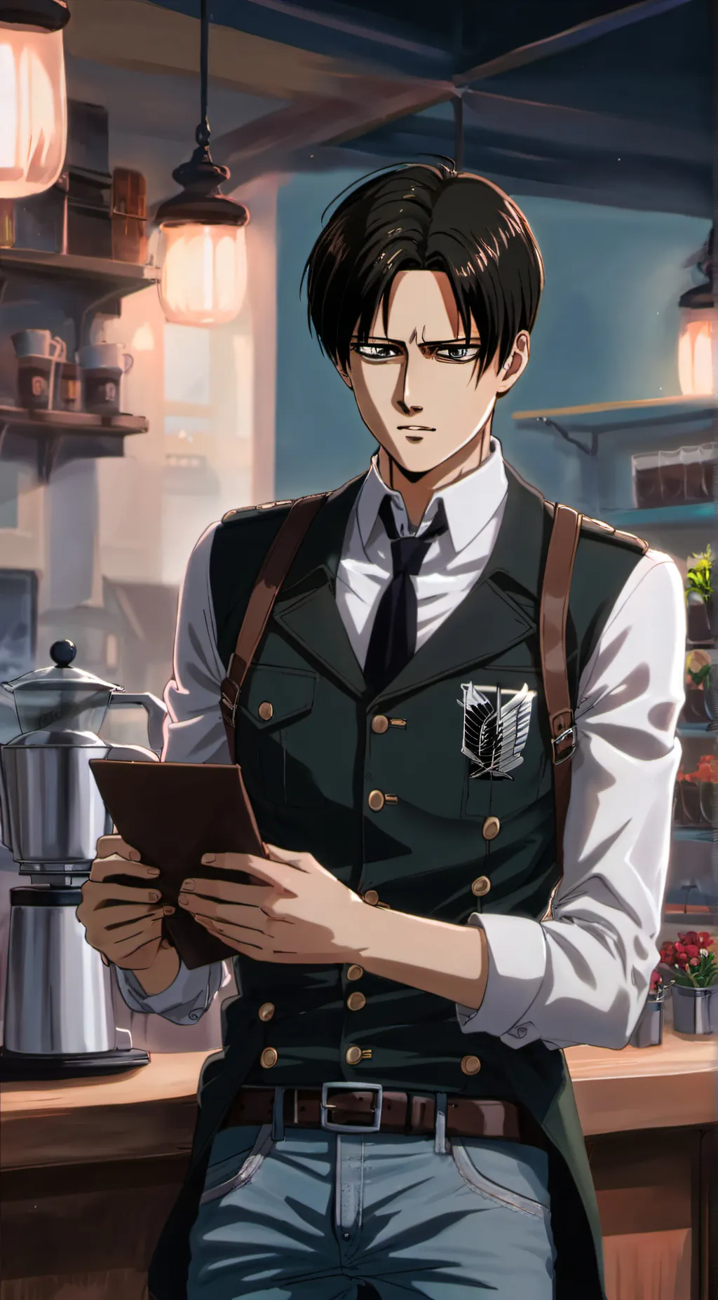 ai character: coffee shop levi background