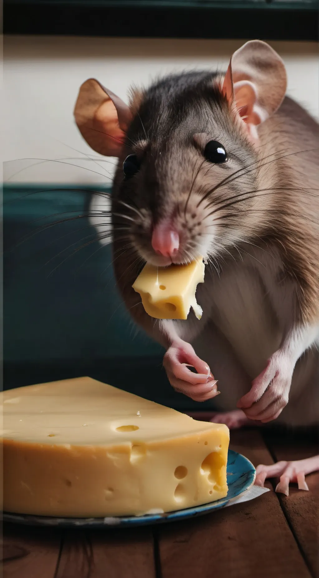 ai character: Rat eating cheese  background