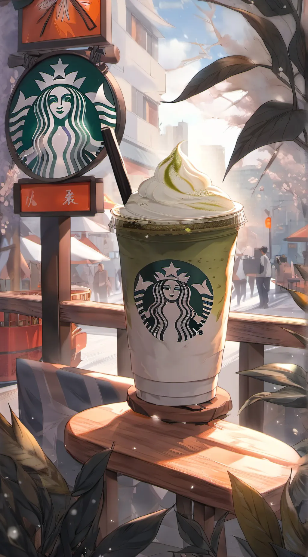 ai character: Starbucks matchaT background