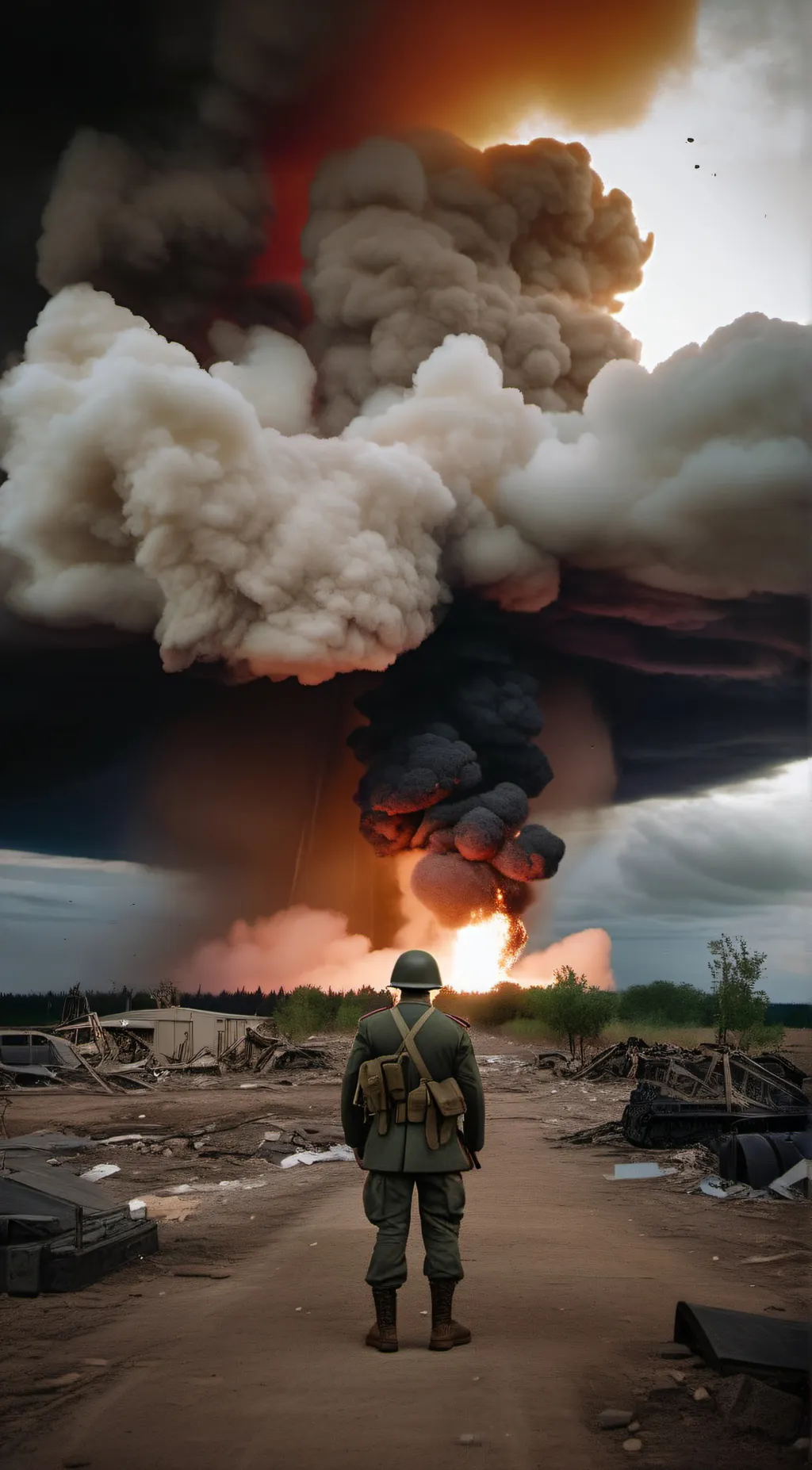ai character: V2 rocket explosio background