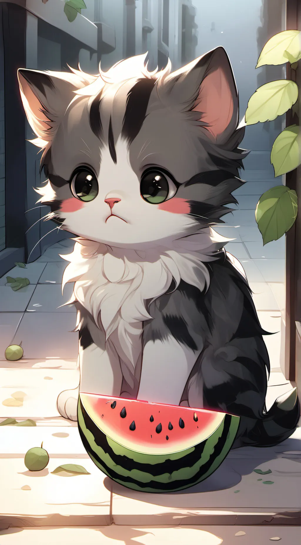 ai character: sad watermelon cat background