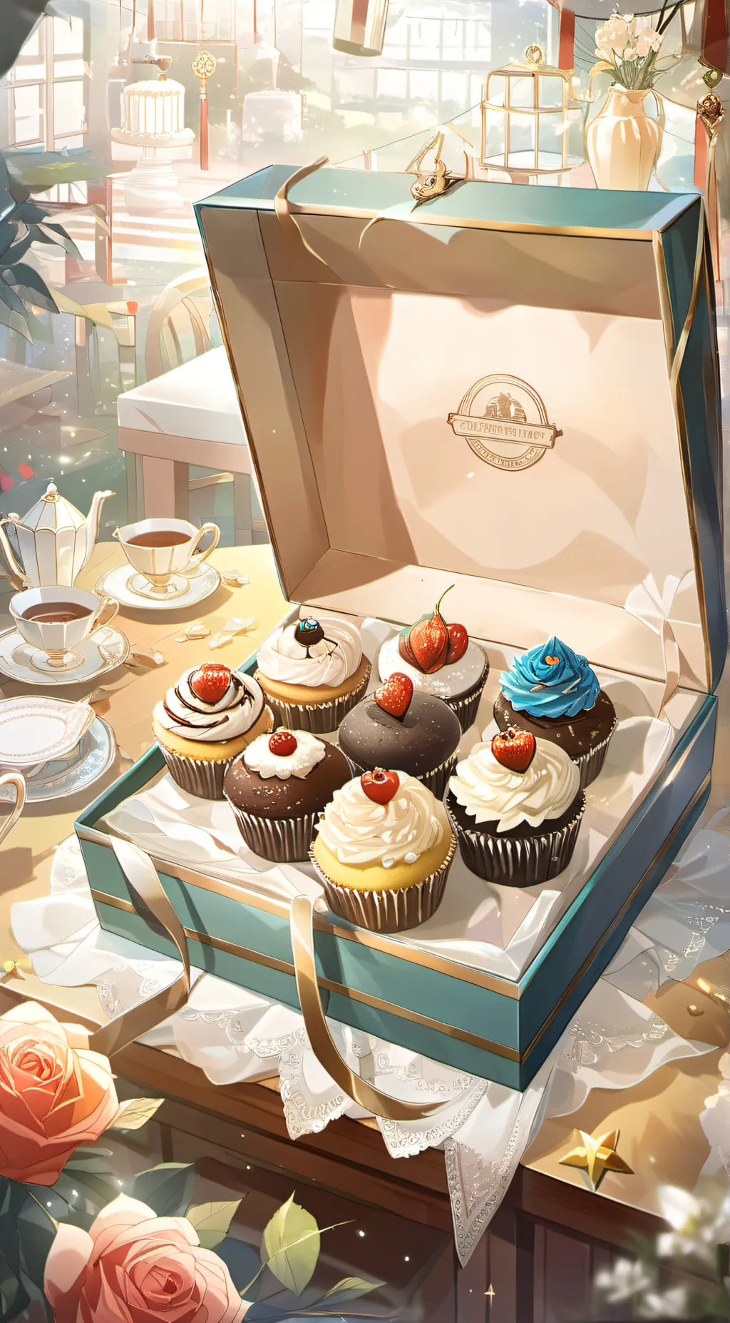 ai character: fancy cupcakes  background