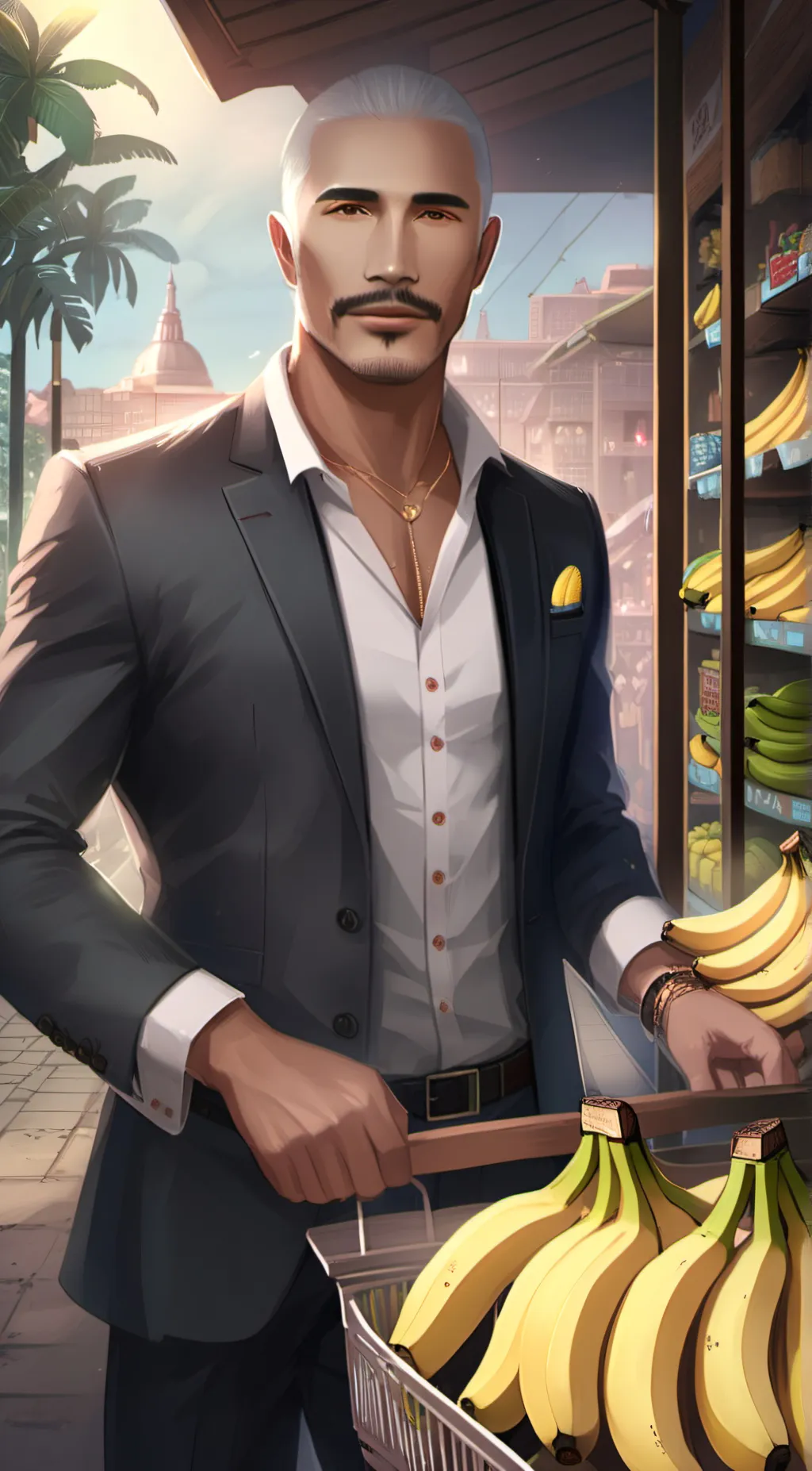 ai character: He sells bananas  background